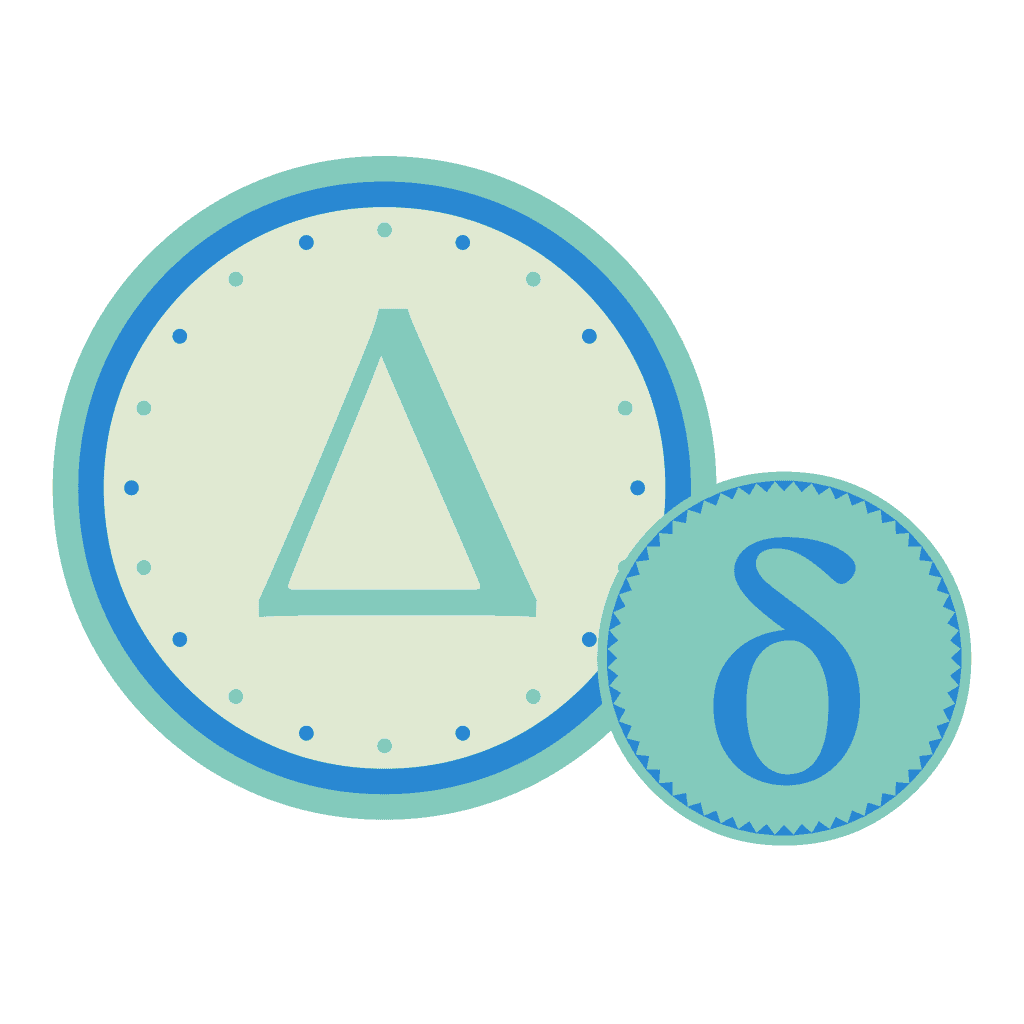 El significado y el uso del símbolo del delta griego en matemáticas y ciencias, la cuarta letra del alfabeto griego en azul y blanco.