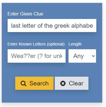 La última letra del cuadro de entrada de pistas de crucigramas de letras griegas es del sitio web de resolución de crucigramas