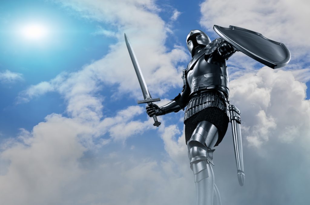 El dios de la protección del casco se visualiza como un caballero o paladín como este
