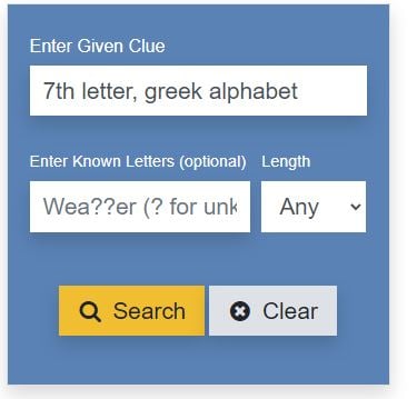Solucionador de pistas de crucigramas del alfabeto griego para la séptima letra
