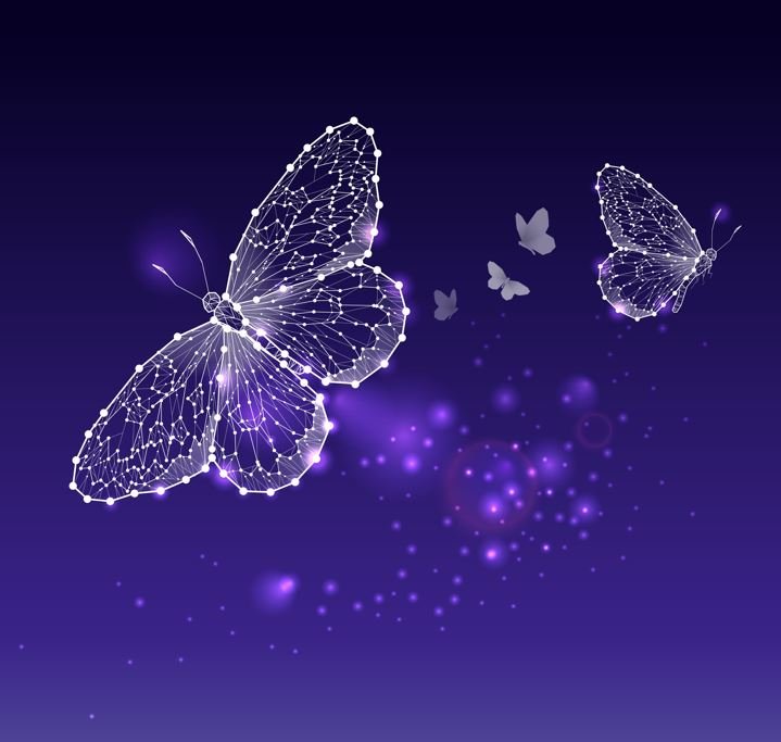 Las mariposas blancas simbolizan el amor, la pureza, la esperanza, dos mariposas en un marco blanco sobre un fondo morado