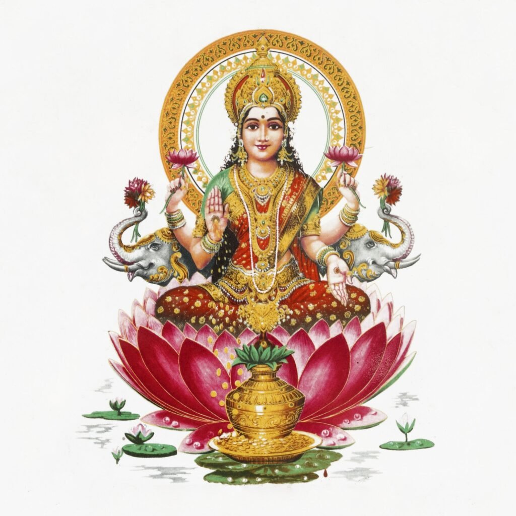 Pintura hindú de loto rosa que muestra a la diosa de la riqueza y la prosperidad