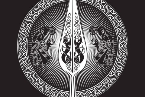 gungnir-odins-spear-symbol-white-on-black-with-odins-ravens-flanking-each-side