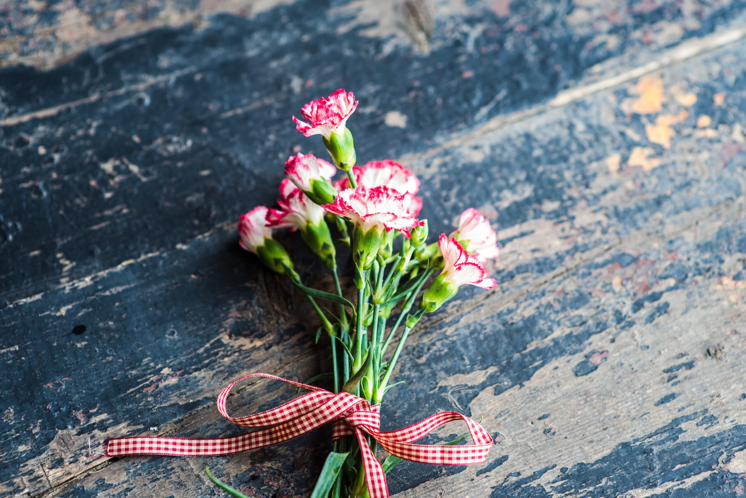 Flores de clavel en un marco de madera como regalo de amor