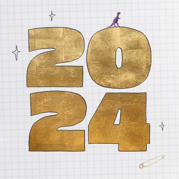 El año 2024 en negrita, dorado, rodeado de estrellas y un pequeño dinosaurio encima.