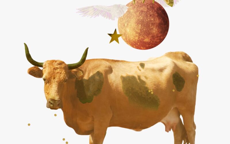 Mercury in Taurus horoscopes. Collage of cows, stars, and Mercury with wings.