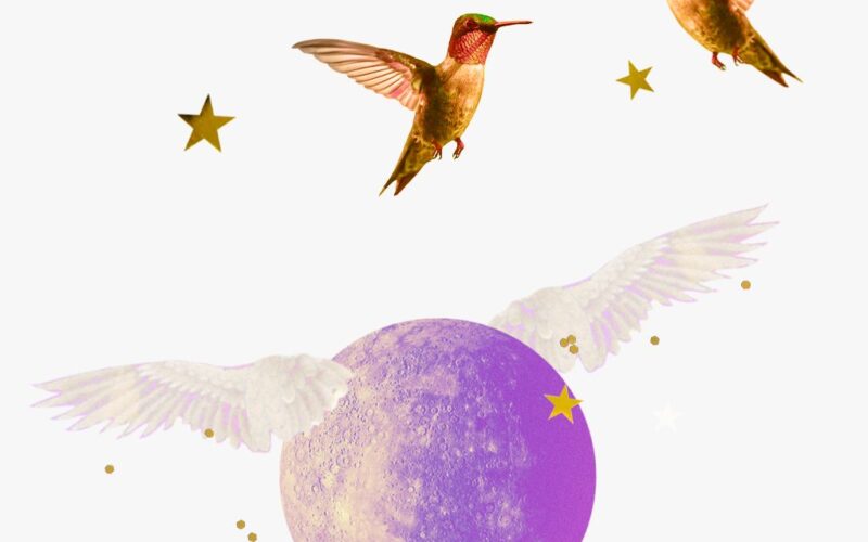 Mercury in Gemini horoscopes, 2024 – Collage of two hummingbirds, gold stars, and the planet Mercury for Mercury in Gemini.