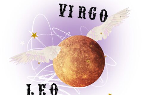 What to know about this Mercury retrograde in Virgo and Leo — Mercury, wings, stars, scribbles, with VIRGO and LEO stamped.