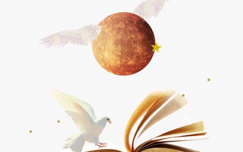 Mercury in Virgo horoscopes, 2024 – Collage of a dove on a book, stars, and the planet Mercury for Mercury in Virgo.