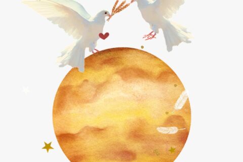 Venus in Virgo horoscopes, 2024 – Collage of two doves, gold stars, feathers, and the planet Venus for Venus in Virgo.