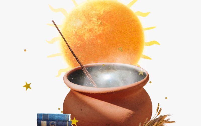 Sun in Virgo horoscopes — Collage of a cauldron, books, wheat, gold stars, and the Sun for Sun in Virgo horoscopes.