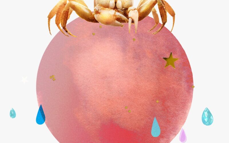 Mars in Cancer horoscopes, 2024 — Collage of stars, raindrops, and a crab atop the planet Mars for Mars in Cancer horoscopes.