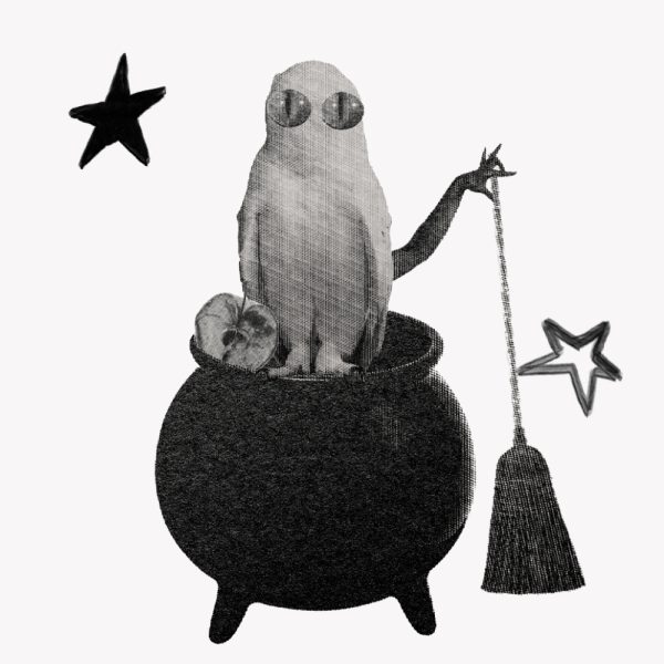 Black Moon Lilith - collage de un búho con gafas en un caldero