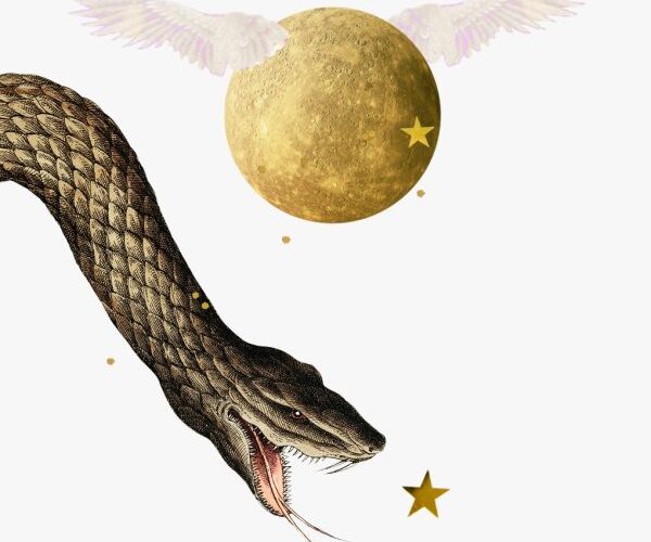 Mercurio en la constelación de Escorpio, 2024: un collage de serpientes, estrellas doradas y el planeta alado Mercurio, que representa a Mercurio en la constelación de Escorpio.