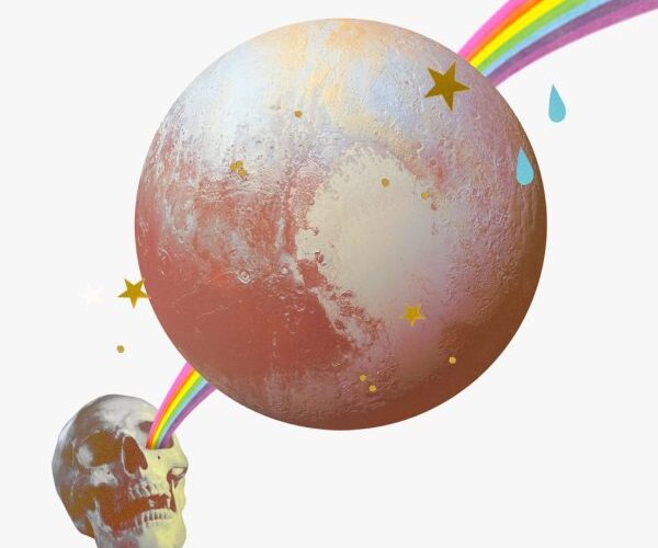 Plutón en la constelación de Acuario, 2024: collage de calavera, arco iris, gotas de agua, estrellas doradas y Plutón.