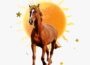 Carta estelar del Sol en Sagitario: collage de un caballo con una corona dorada radiante trotando frente al sol con estrellas doradas.