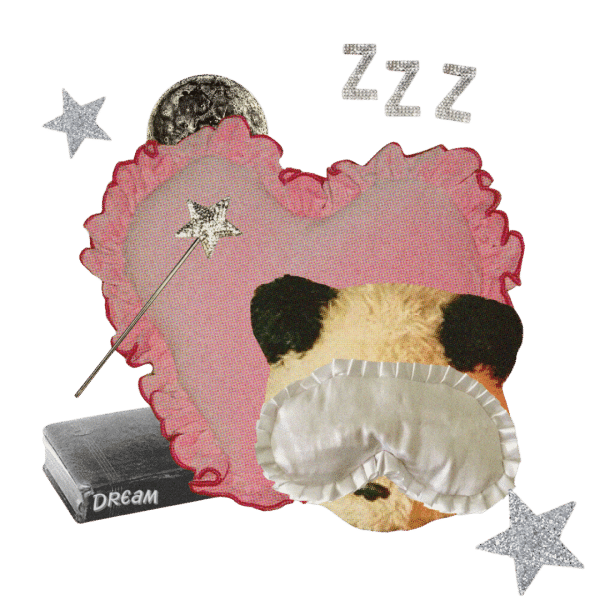 CÓMO UTILIZAR HISTORIAS PARA SUEÑOS EN EL BLOG DE LA APLICACIÓN CHANI - Collage de una almohada rosa en forma de corazón y un osito de peluche con una máscara para dormir.