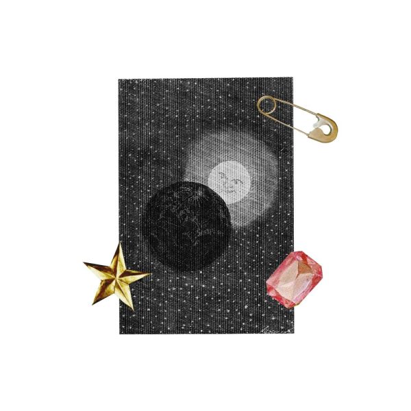 Fechas clave de astrología de 2025: Eclipse solar - Collage de eclipse de luna llena con pinzas para la ropa, estrellas y piedras preciosas en el cielo estrellado.