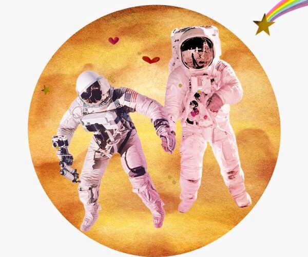 Venus en la constelación de Acuario 2024: collage de dos astronautas en trajes espaciales tomados de la mano, Venus, corazones y estrellas.