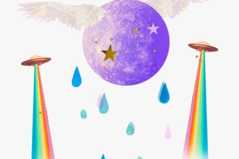 El mercurio de la constelación de Acuario, collage de mercurio en forma de ala de 2025 con alas con estrellas, gotas de lluvia y alas con vigas del arco iris.