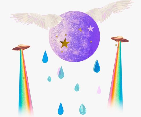 El mercurio de la constelación de Acuario, collage de mercurio en forma de ala de 2025 con alas con estrellas, gotas de lluvia y alas con vigas del arco iris.