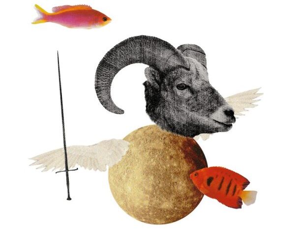 Su guía de mercurio retrógrado en Aries y Piscis: un collage de mercurio alado, una espada, un carnero y dos peces coloridos.