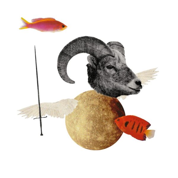 Su guía de mercurio retrógrado en Aries y Piscis: un collage de mercurio alado, una espada, un carnero y dos peces coloridos.